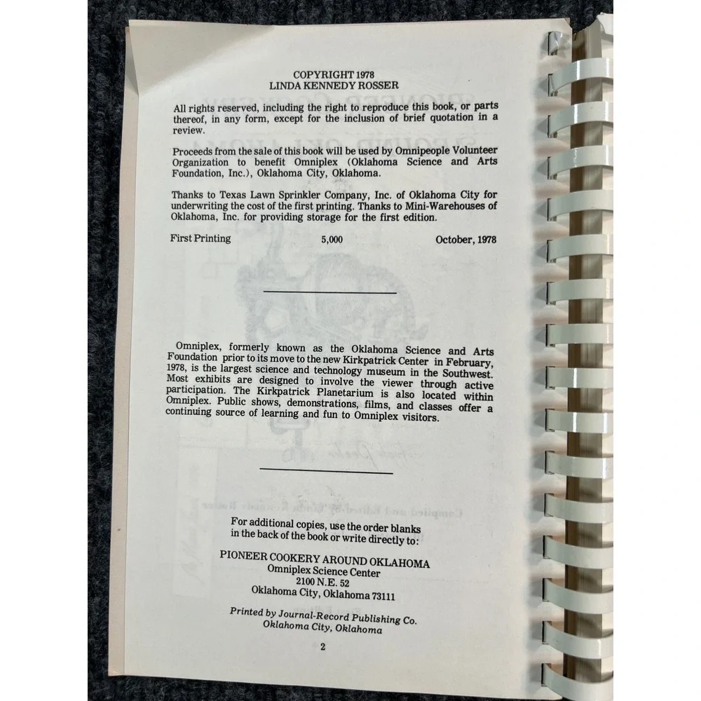 Pioneer Cookery Around Oklahoma Cookbook 1978 Tan Spiral Bound First Edition